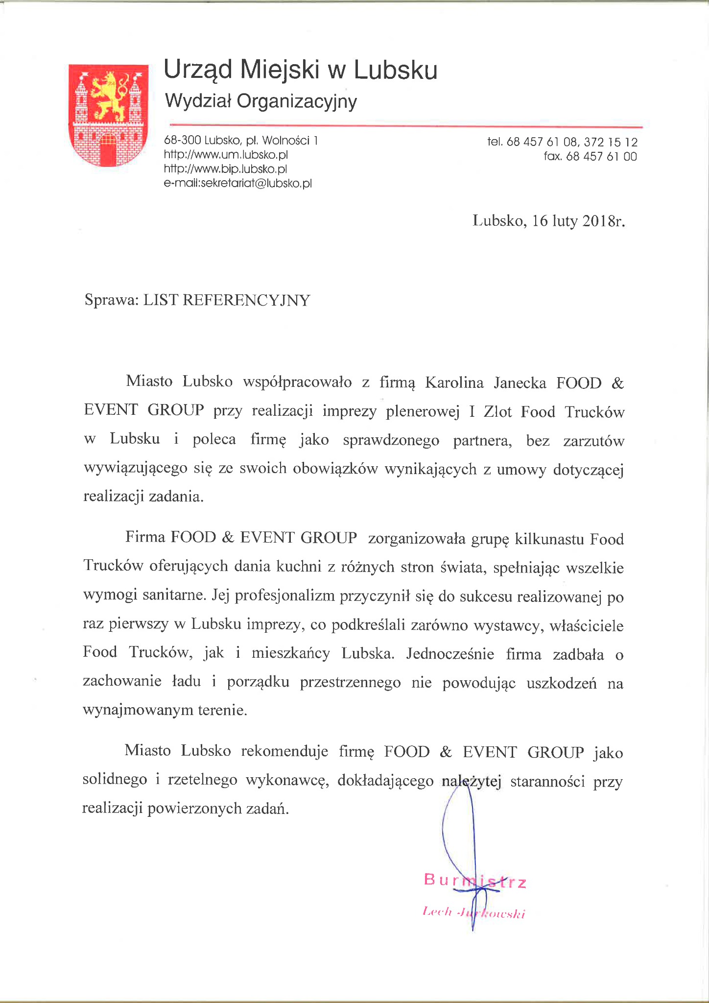 Skan listu referencyjnego od Urzędu Miejskiego w Lubsku dla firmy FOOD & EVENT GROUP, potwierdzającego współpracę przy organizacji imprezy plenerowej i Zlotu Food Trucków, z pieczęcią i podpisem...
