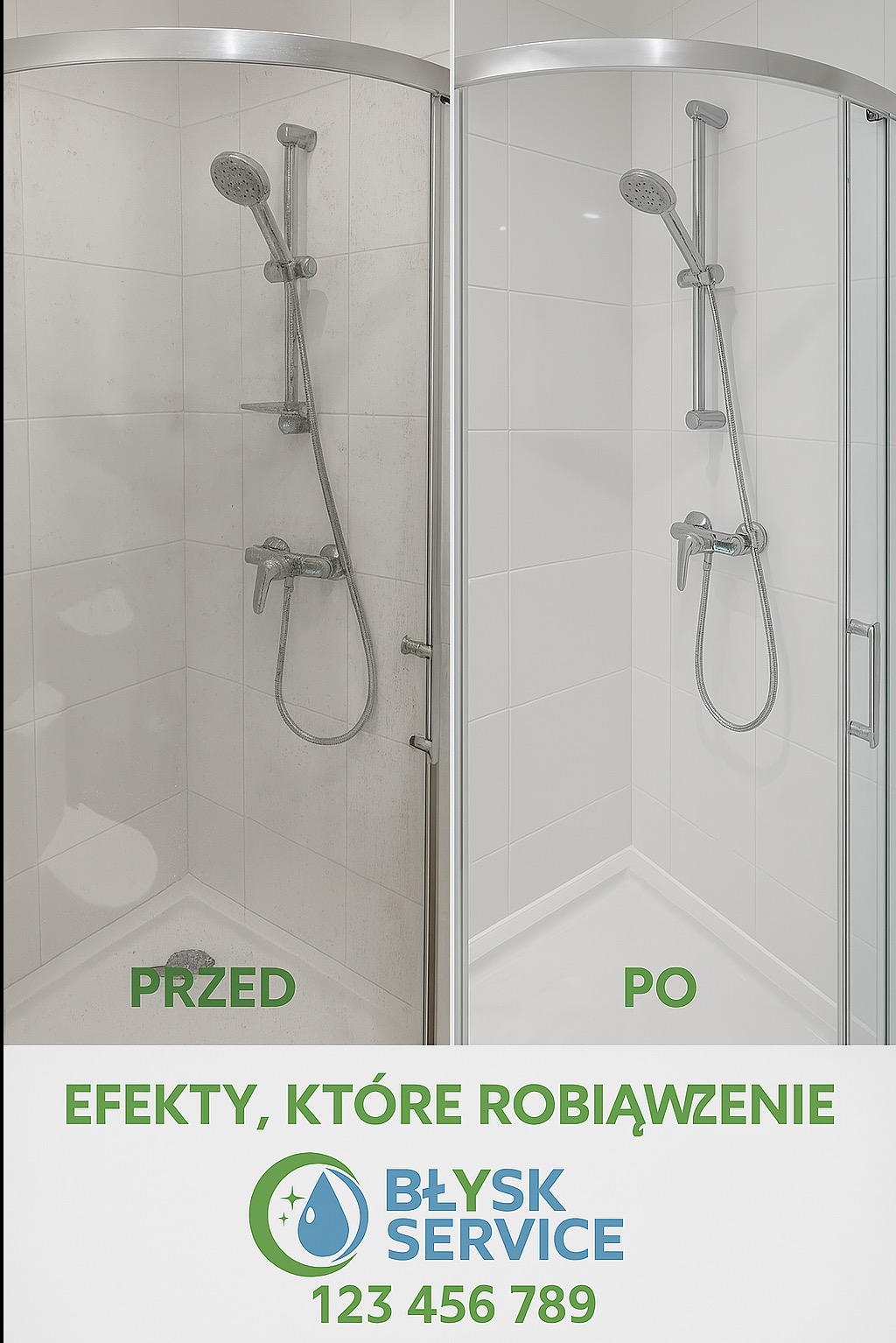 Porównanie kabiny prysznicowej przed i po czyszczeniu, widoczne osady i kamień usunięte, z logo firmy sprzątającej na dole.