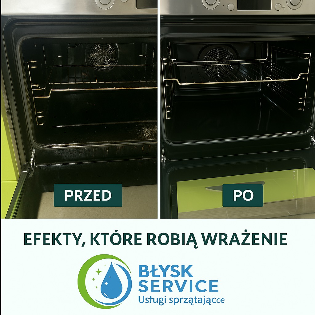 Zdjęcie typu 'przed i po' przedstawiające wnętrze brudnego i czystego piekarnika, z widoczną różnicą w czystości rusztu i ścianek, z logo firmy sprzątającej w dolnej części.