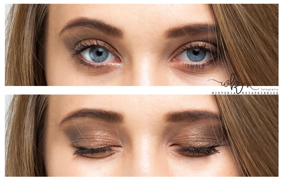 Zbliżenie na oczy kobiety z brązowym cieniem na powiekach i pomalowanymi rzęsami, ujęcie z otwartymi i zamkniętymi oczami, widoczny podpis fotografa.