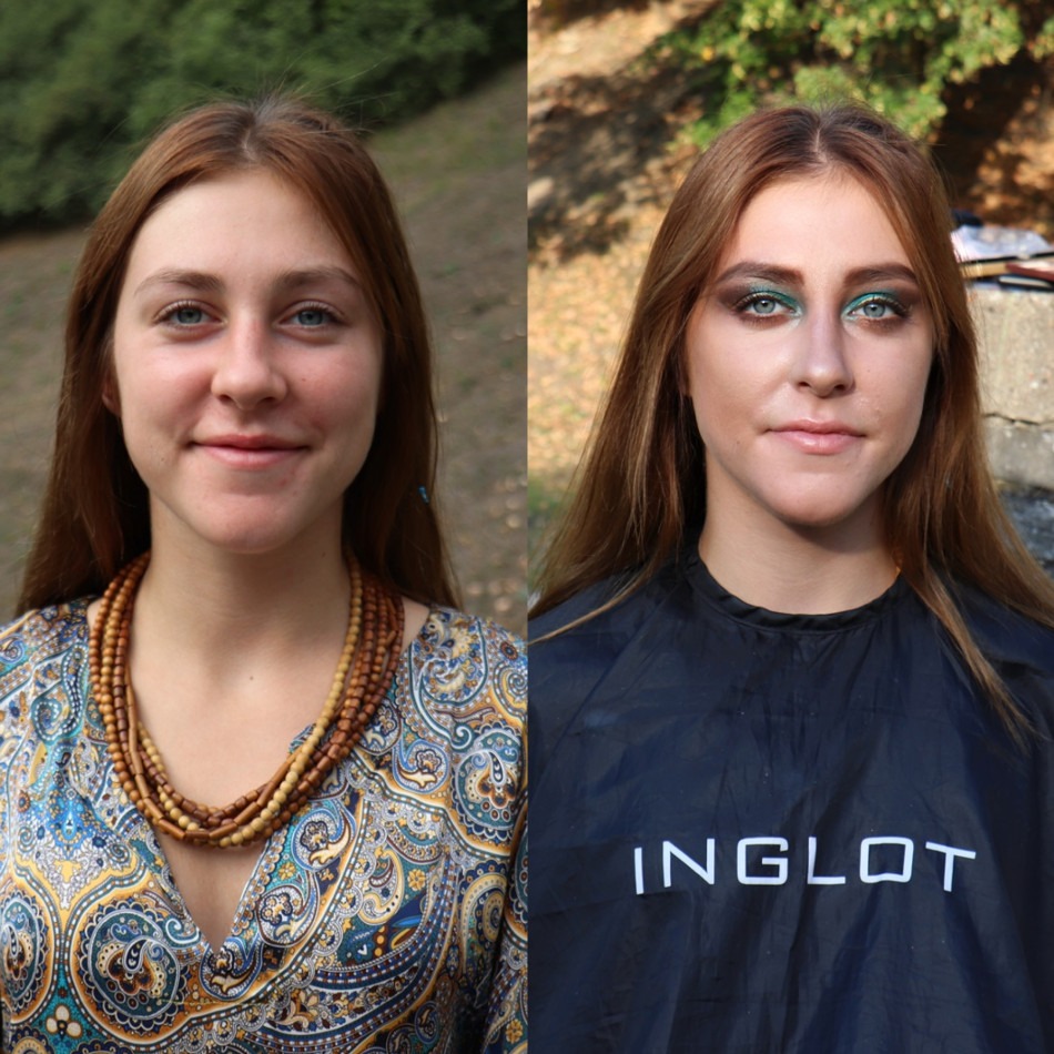 Portret kobiety przed i po aplikacji zielono-złotego cienia do powiek i konturowania twarzy, widoczna peleryna ochronna marki Inglot.