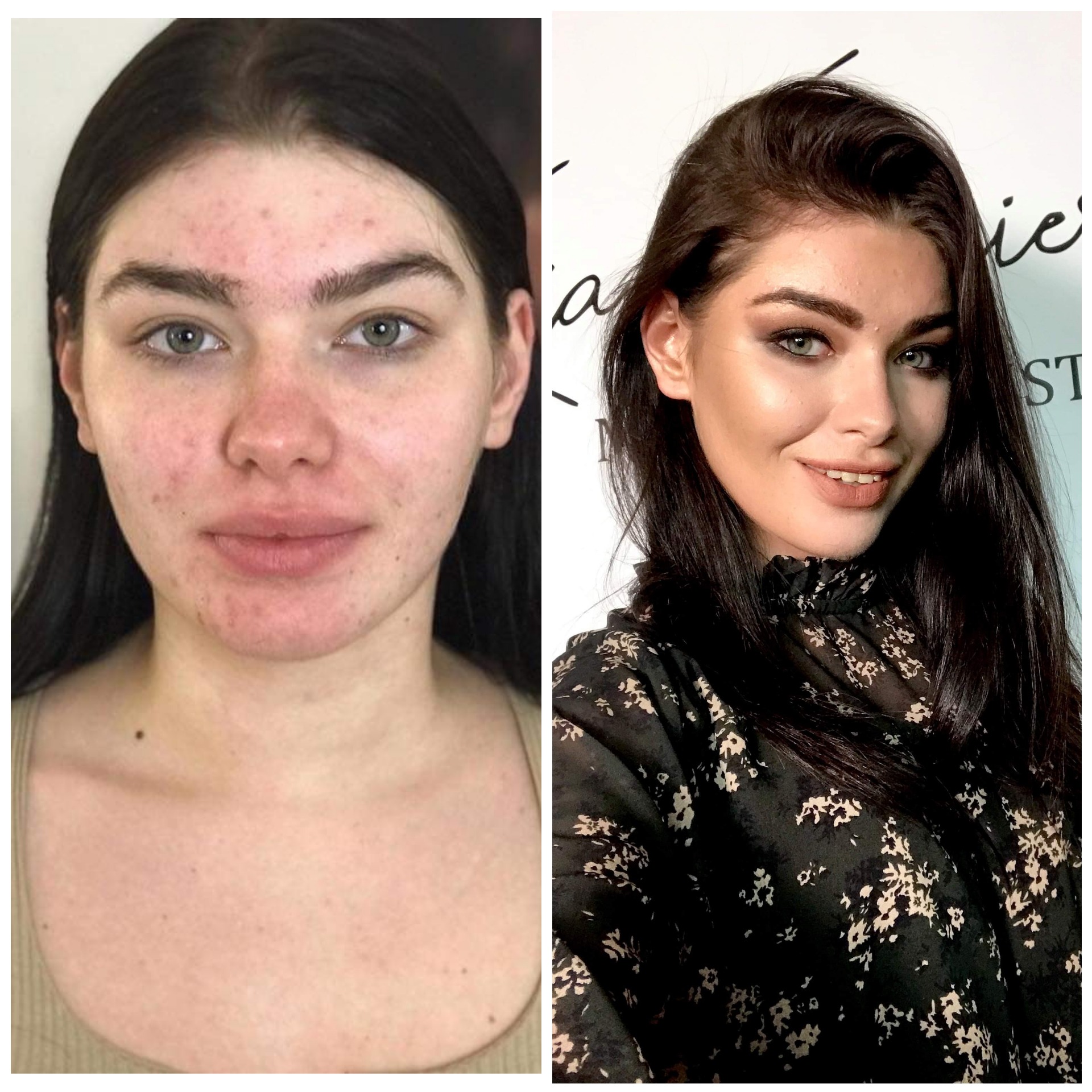 Portret kobiety przed i po wykonaniu profesjonalnego, pełnego krycia, z efektem glow, makijażu, z wyraźnie podkreślonymi oczami i ustami w kolorze nude.