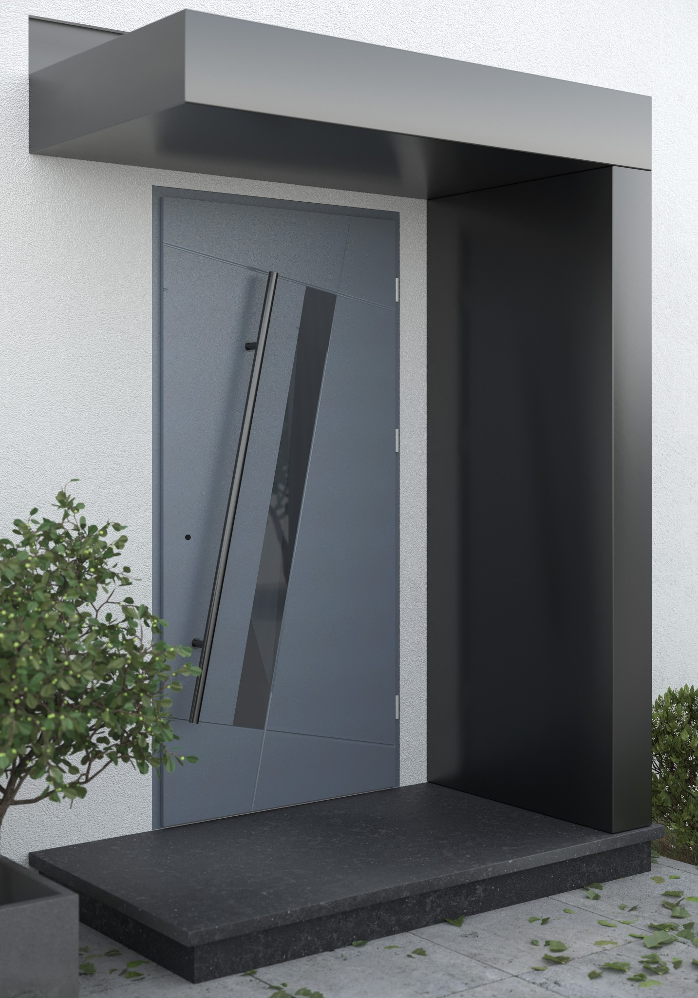 Nowoczesne drzwi wejściowe w odcieniach szarości z asymetrycznym przeszkleniem, osłonięte daszkiem, z widocznym fragmentem zieleni po bokach i ciemnym progiem.