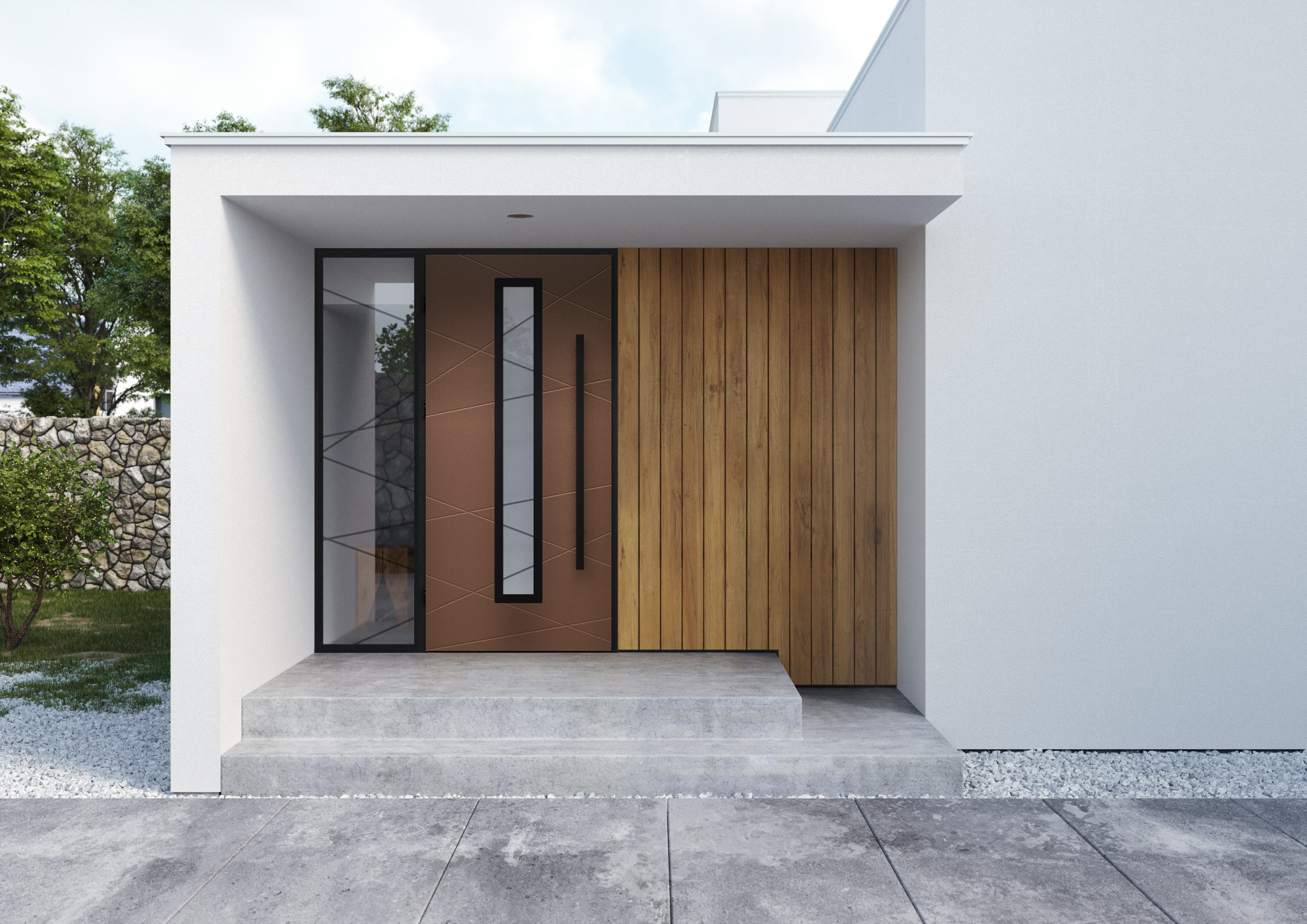 Nowoczesne wejście do domu z brązowymi drzwiami z drewnianymi panelami i przeszklonym fragmentem, czarna rama, betonowe schody, biała elewacja.