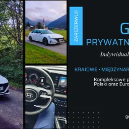 Kolaż: biały samochód na tle lasu i gór, wnętrze auta oraz logo firmy Gepard z hasłem 'Prywatny Kierowca' i ofertą przewozów krajowych i międzynarodowych.