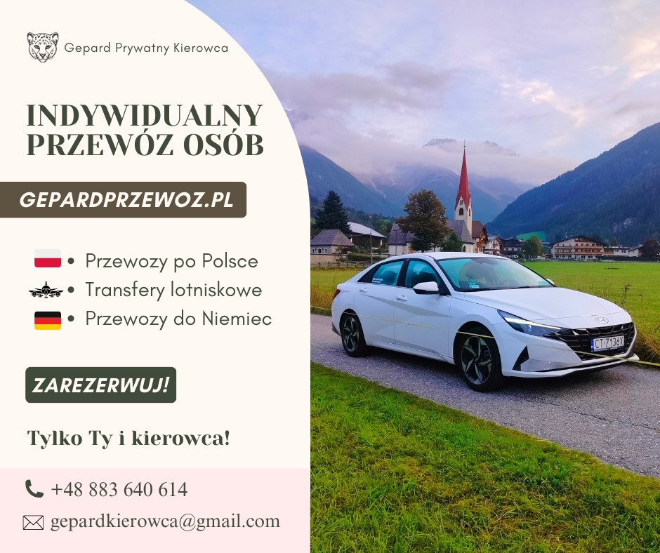 Biały samochód osobowy na tle alpejskiego krajobrazu z kościołem. Grafika reklamowa z ofertą indywidualnego przewozu osób, transferów lotniskowych i przewozów do Niemiec.