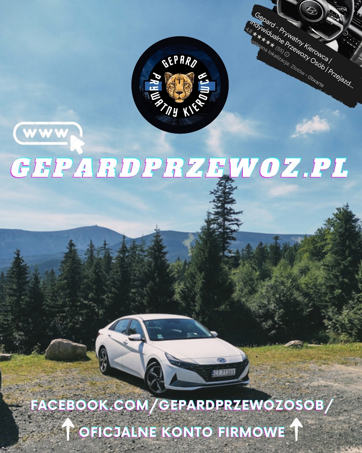 Biały samochód osobowy na tle górskiego krajobrazu, z logo firmy Gepardprzewoz.pl i adresem strony internetowej oraz Facebooka. Widoczny numer rejestracyjny pojazdu.