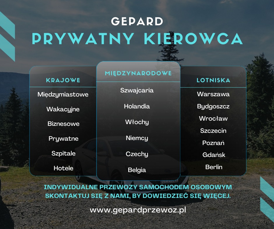 Grafika reklamowa firmy Gepard Prywatny Kierowca oferującej indywidualne przewozy krajowe (międzymiastowe, wakacyjne, biznesowe, prywatne, szpitale, hotele) oraz międzynarodowe (Szwajcaria...