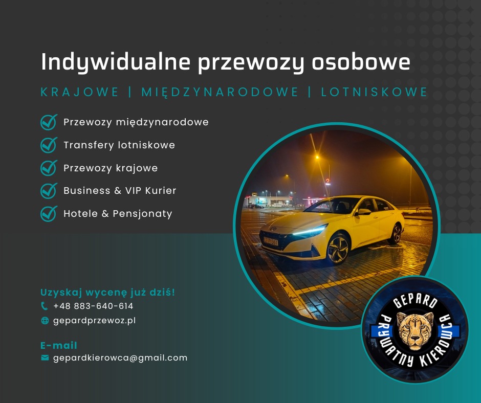Grafika reklamowa firmy przewozowej: biały samochód osobowy na parkingu nocą, logo firmy Gepard Prywatny Kierowca, informacje o przewozach krajowych, międzynarodowych i lotniskowych, dane kontaktowe.