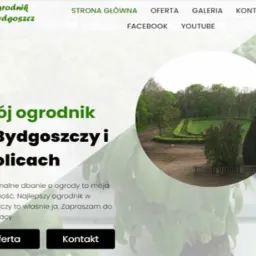 Strona internetowa firmy ogrodniczej z Bydgoszczy, z widocznym logo i ofertą usług, z okrągłym zdjęciem parku w tle.