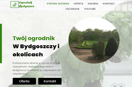 Strona internetowa firmy ogrodniczej z Bydgoszczy, z widocznym logo i ofertą usług, z okrągłym zdjęciem parku w tle.