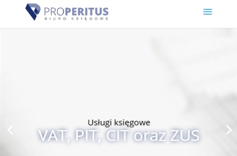 Strona internetowa biura księgowego Properitus z logo i hasłem reklamowym: Usługi księgowe VAT, PIT, CIT oraz ZUS.