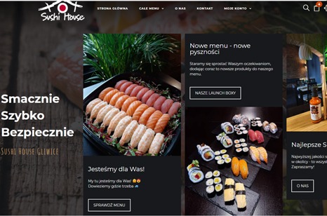 Strona internetowa restauracji Sushi House z menu i informacjami o dostawie w Gliwicach, prezentująca zdjęcia sushi i maki.