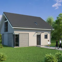 Wizualizacja domu jednorodzinnego z szarym dachem dwuspadowym i elementami drewnianej elewacji; przed domem spacerują trzy osoby.