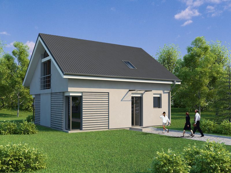 Wizualizacja domu jednorodzinnego z szarym dachem dwuspadowym i elementami drewnianej elewacji; przed domem spacerują trzy osoby.