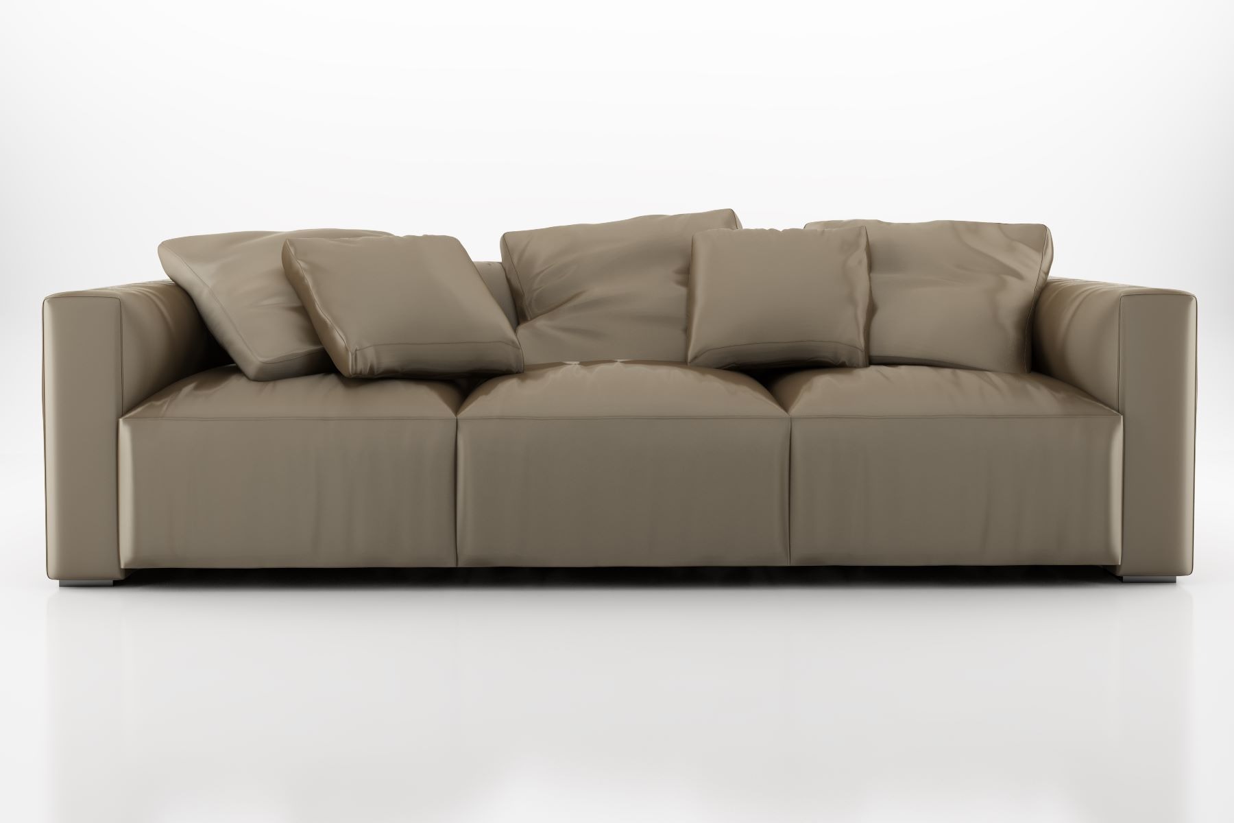 Nowoczesna, modułowa sofa w odcieniach beżu, z kwadratowymi poduszkami, ustawiona na białym tle, ukazująca minimalistyczny design i gładką teksturę materiału.