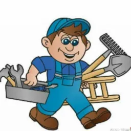 Karykaturalny mężczyzna w niebieskim kombinezonie niosący skrzynkę z narzędziami, łopatę, grabie i małą drabinkę.