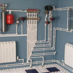 Kompletna instalacja centralnego ogrzewania z grzejnikami panelowymi, podłogówką i licznymi rurami zasilającymi, widoczne elementy kotłowni, zbiornik wyrównawczy i rozdzielacz, na tle błękitnej...