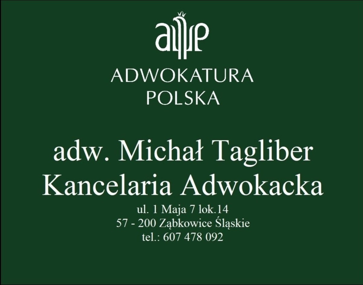 Logo Kancelarii Adwokackiej adw. Michała Taglibera z Ząbkowic Śląskich, na zielonym tle biały tekst z adresem i numerem telefonu.