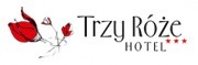 Logo hotelu 'Trzy Róże' z trzema czerwonymi różami i trzema gwiazdkami.