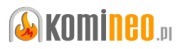 Logo firmy Komineo.pl z płomieniem w kształcie kominka i szarą czcionką.