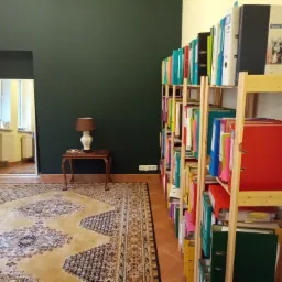 Regał wypełniony kolorowymi segregatorami z dokumentami, ustawiony w eleganckim wnętrzu z ciemnozieloną ścianą i dywanem w orientalne wzory. W tle widoczne lustro odbijające fragment pomieszczenia.