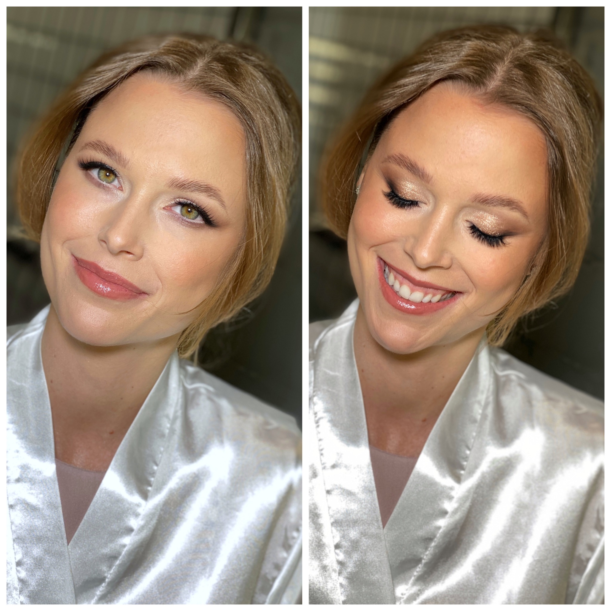 Portret kobiety z delikatnym, błyszczącym makijażem oczu w odcieniach złota i brązu, oraz błyszczącymi ustami, ubrana w satynowy szlafrok.