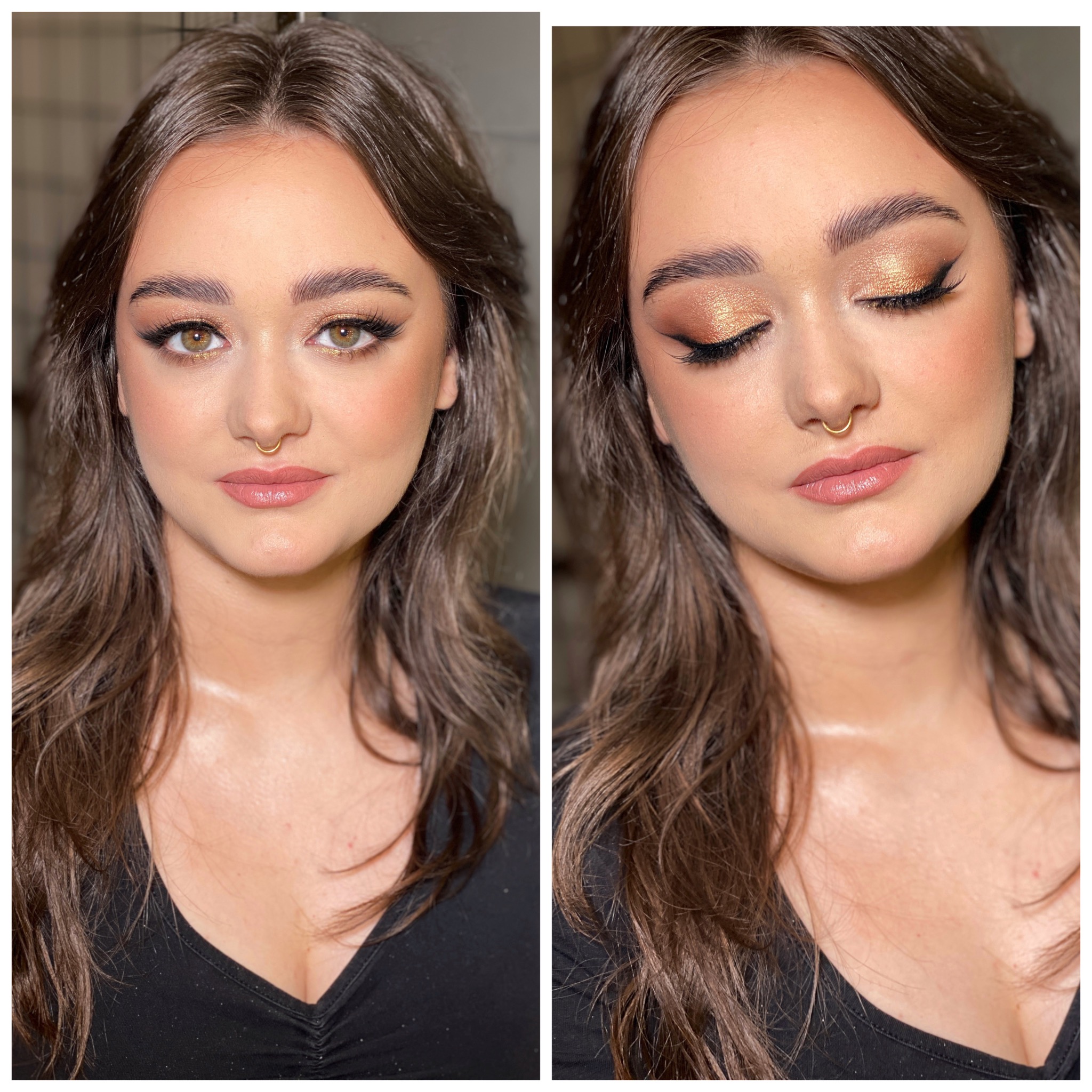 Portret młodej kobiety z profesjonalnym, błyszczącym makijażem oczu w odcieniach złota i brązu, delikatnym konturowaniem twarzy, różowymi ustami i kolczykiem w nosie.