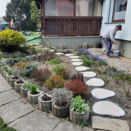 Twój Ogrodnik - Ogród po realizacji: ścieżka z drewnianych krążków, rabaty z roślinami w betonowych donicach, budynek w tle. Widoczny mężczyzna przy ścianie budynku.