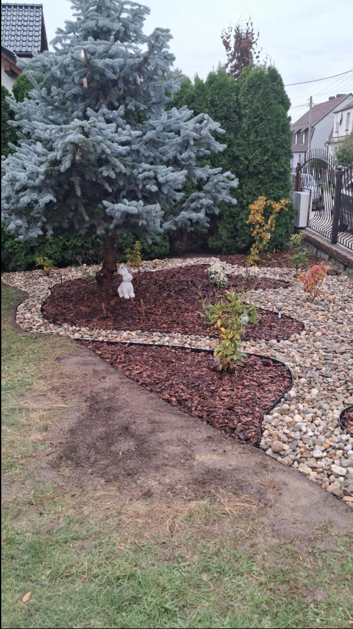 Kształtna rabata z korą i kamieniami, obok trawnik. W tle srebrny świerk i tuje. Dekoracja ogrodu z figurką królika. Estetyczne wykończenie obrzeży rabat.