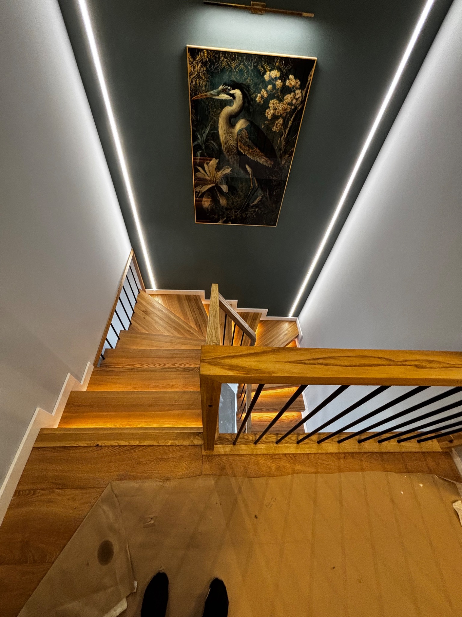 Nowoczesne, drewniane schody z podświetleniem LED, widziane z dołu, z obrazem ptaka na ścianie w tle. Minimalistyczne balustrady i oświetlenie sufitowe.