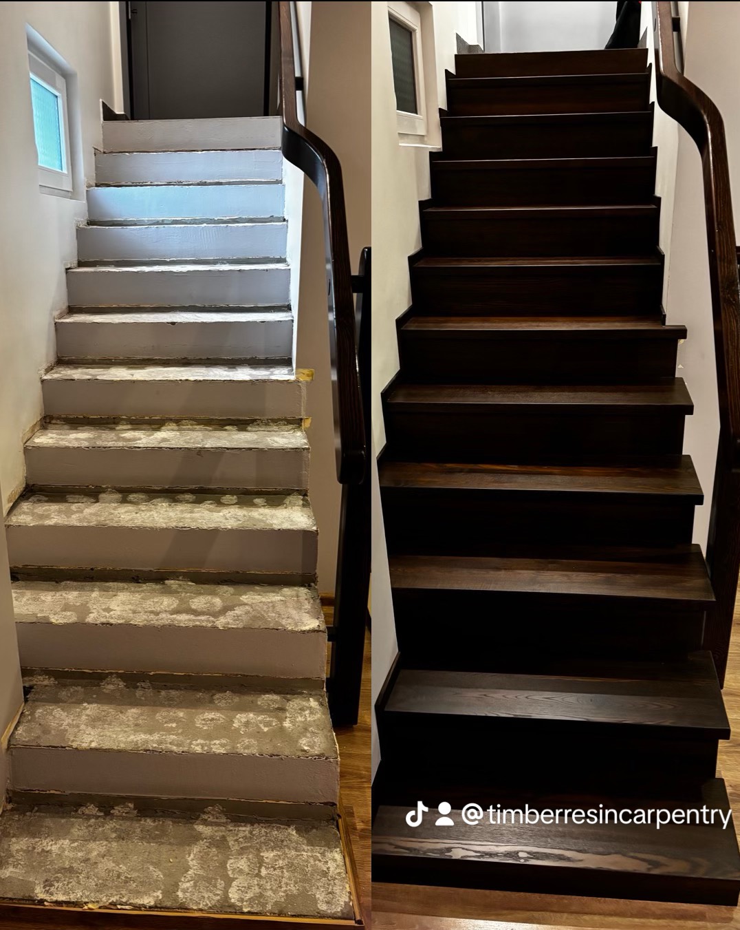 Klatka schodowa: po lewej surowe betonowe schody, po prawej odnowione, ciemne, drewniane stopnie z poręczą. Widok z dołu, efekt 'przed i po'.