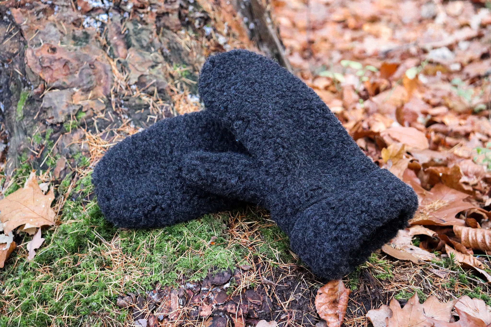 Para ciemnoszarych, wełnianych rękawic leżących na mchu i opadłych liściach przy pniu drzewa.