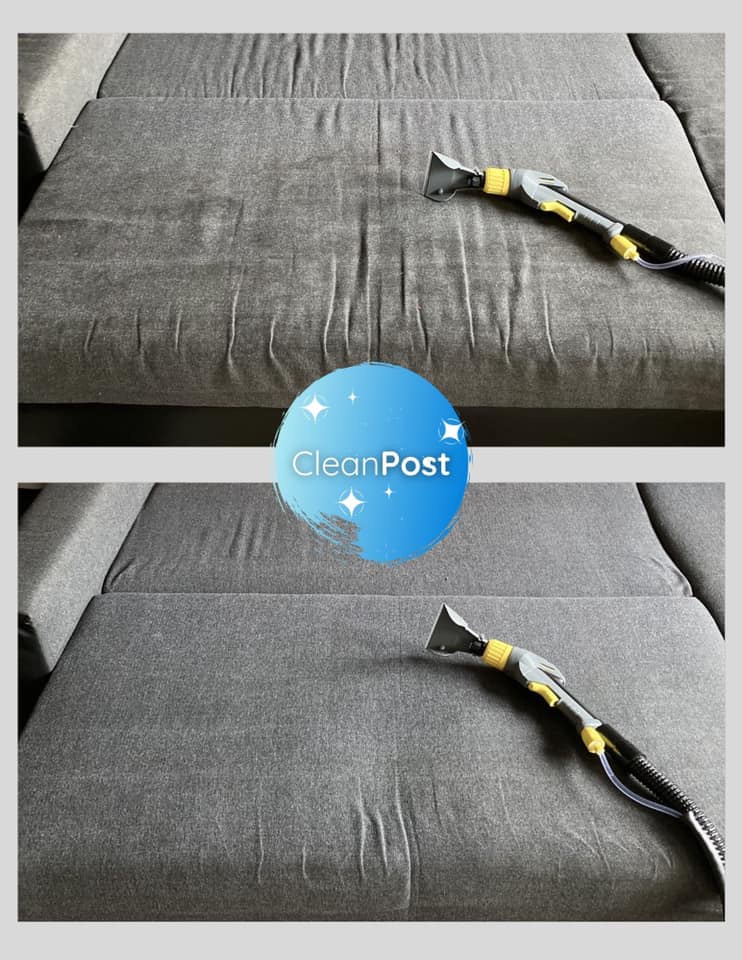 Dwa ujęcia tej samej szarej, rozkładanej sofy: górne przed, dolne po czyszczeniu parowym, widoczna dysza urządzenia czyszczącego z żółtymi elementami.