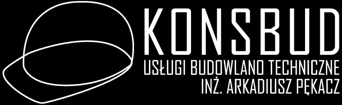 Logo firmy budowlanej KONSBUD, z abstrakcyjnym symbolem przypominającym zarys kasku budowlanego oraz napisem 'USŁUGI BUDOWLANO TECHNICZNE INŻ. ARKADIUSZ PĘKACZ' na czarnym tle.