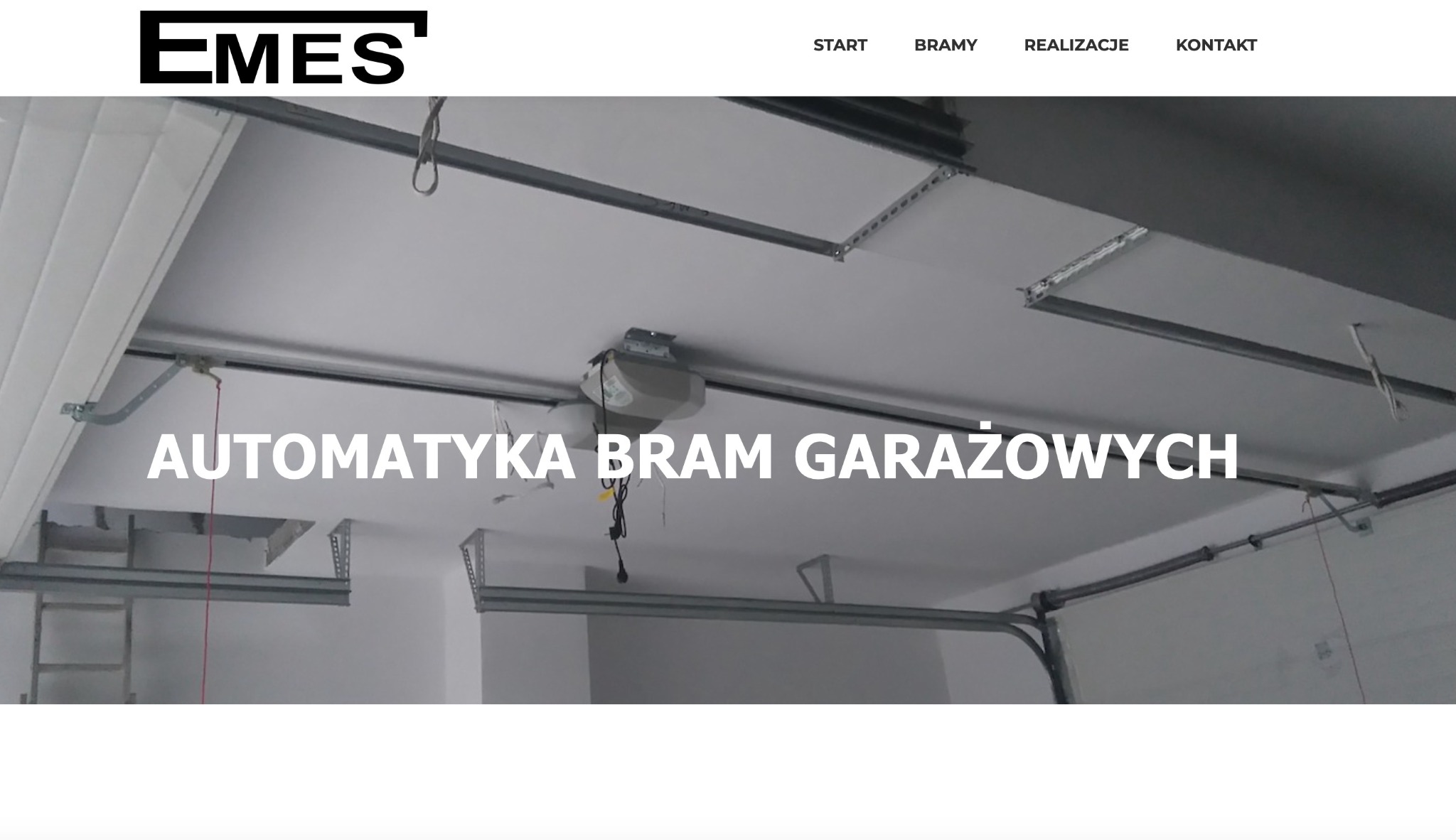 Witryna internetowa firmy EMES prezentująca automatykę bram garażowych, widok na mechanizm otwierania bramy od wewnątrz garażu.