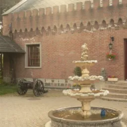 Trzykondygnacyjna fontanna z rzeźbą na szczycie, na tle ceglanego budynku w stylu zamkowym z blankami, uzupełnona o armatę na dziedzińcu.