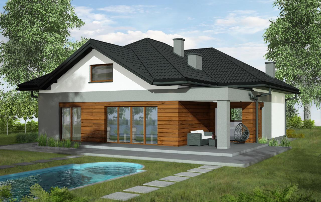 Wizualizacja domu jednorodzinnego z drewnianą elewacją, szarą dachówką i niewielkim basenem w ogrodzie, widok z perspektywy ogrodu.