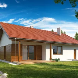 Wizualizacja parterowego domu z czerwoną dachówką, drewnianą elewacją i tarasem, widok z ogrodu w słoneczny dzień.