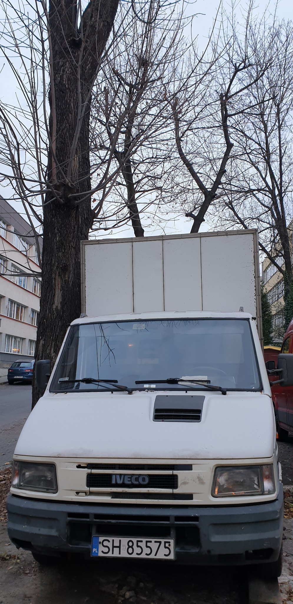 Biały samochód dostawczy Iveco z zabudową kontenerową, zaparkowany na ulicy w pochmurny dzień, widoczne drzewa bez liści i budynek w tle, polska tablica rejestracyjna.