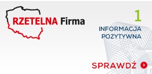 Grafika z logo 'Rzetelna Firma' z konturem Polski na czerwono, obok napis 'Informacja Pozytywna' i przycisk 'Sprawdź'.