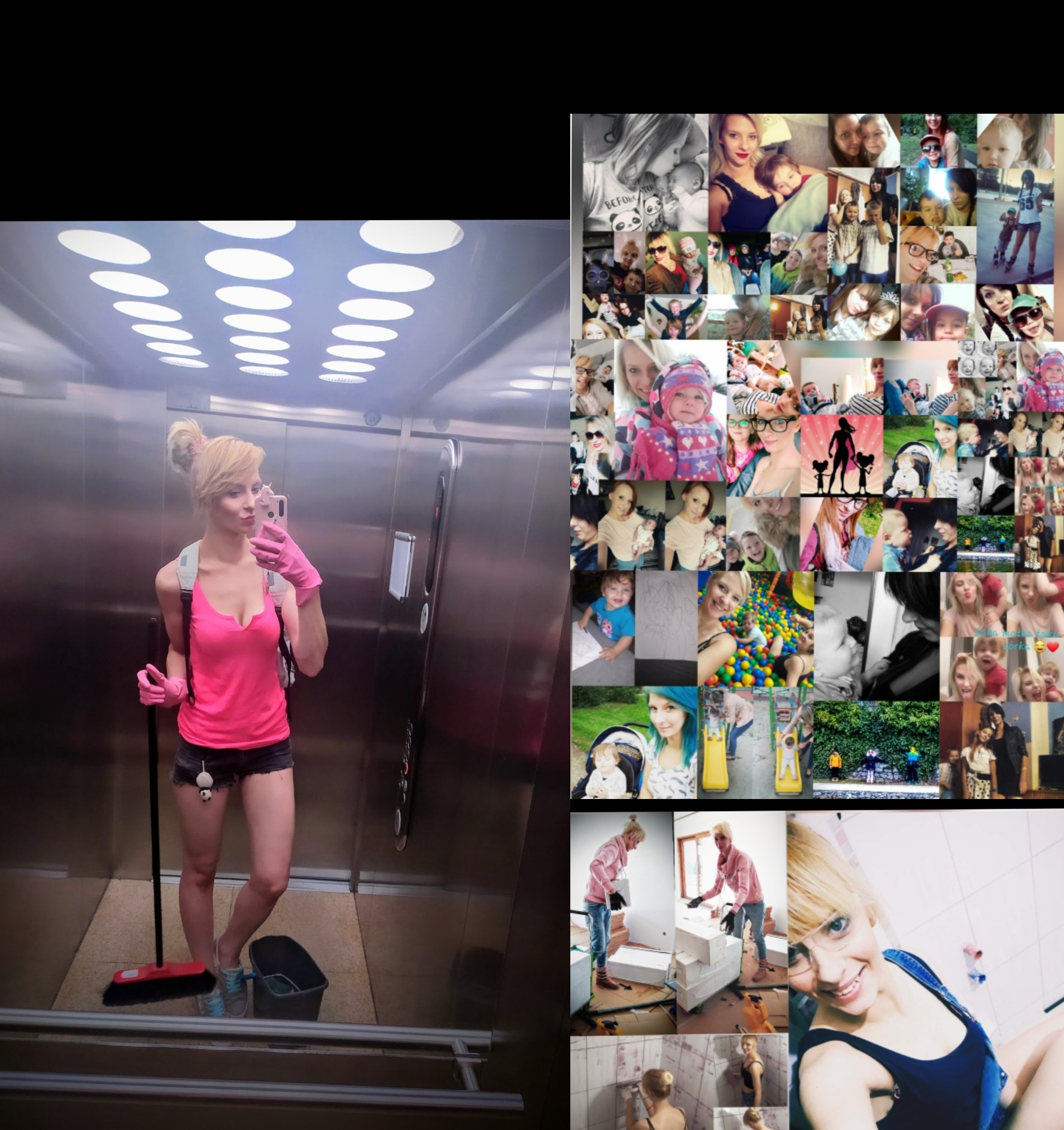 Kobieta w różowej koszulce i gumowych rękawicach robi sobie selfie w windzie, trzymając mop i wiadro, a w tle kolaż zdjęć z dziećmi i pracami remontowymi.