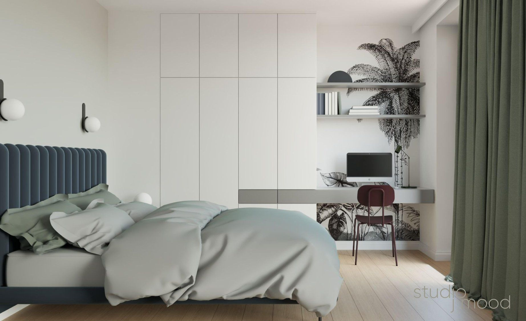 Nowoczesna sypialnia z łóżkiem z granatowym wezgłowiem, białą pościelą i szafą w zabudowie, uzupełniona biurkiem z komputerem i krzesłem w odcieniu wina