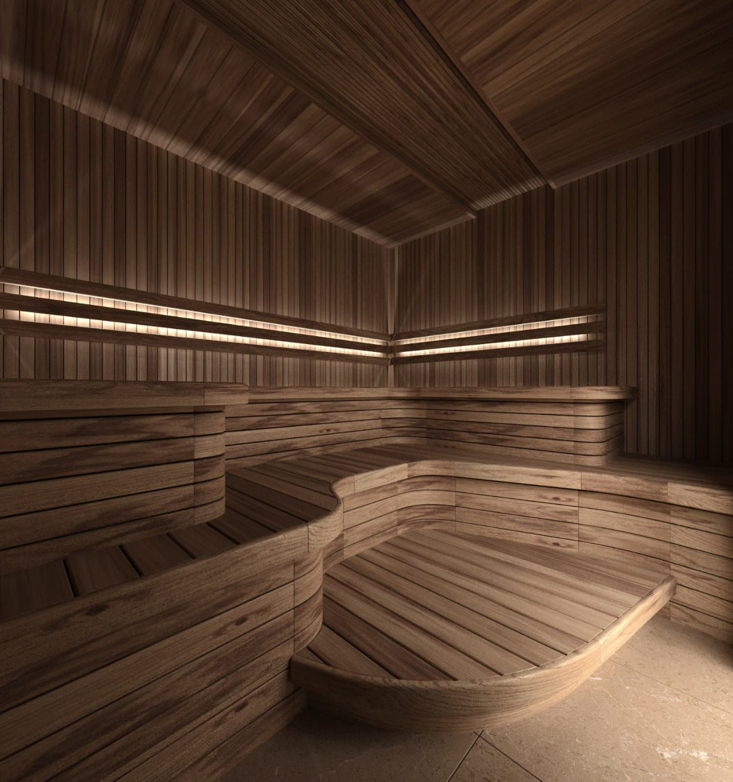 Nowoczesna sauna z drewnianym wykończeniem, wielopoziomowe ławki i subtelne oświetlenie LED.