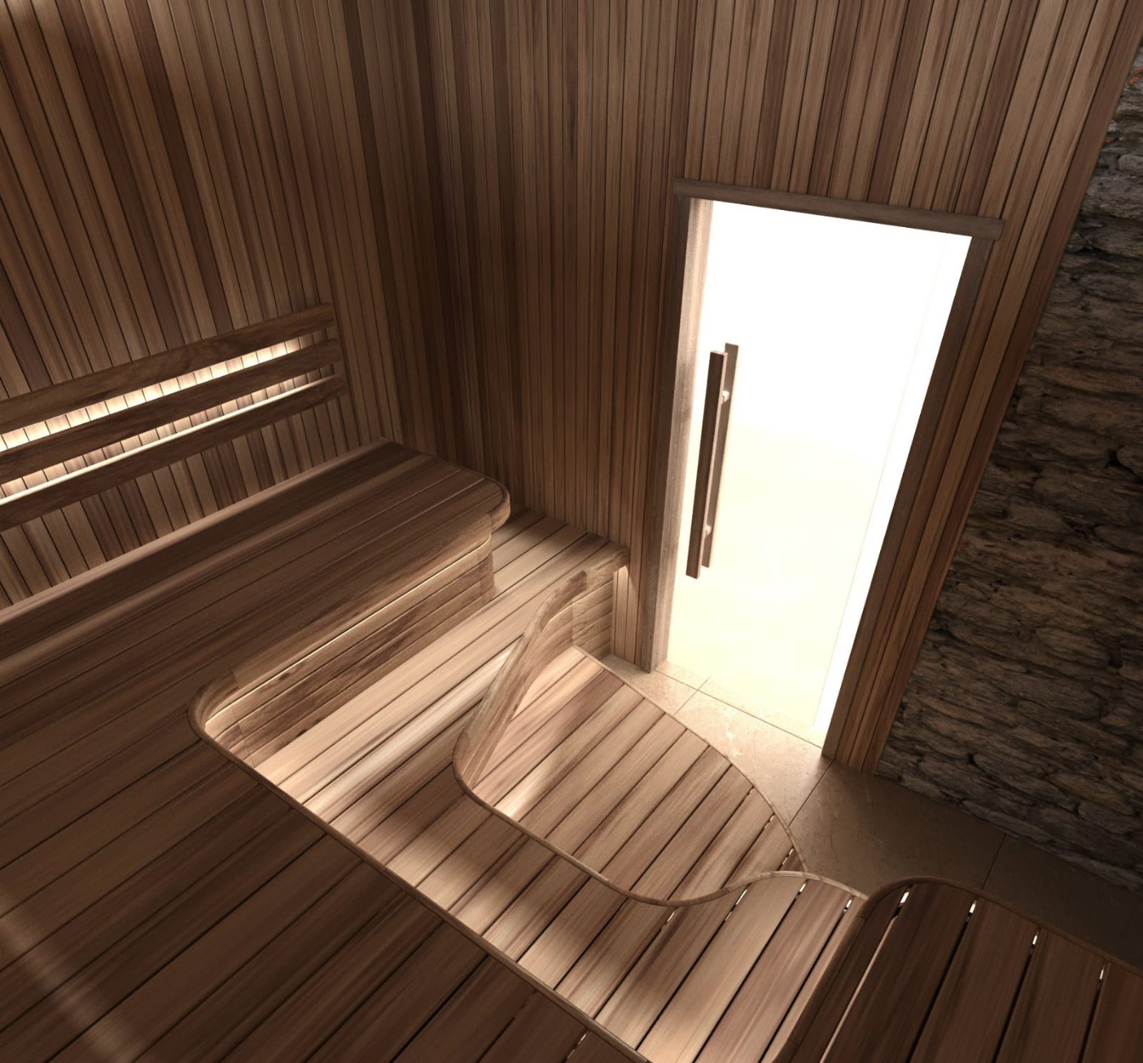 Wnętrze sauny z drewnianymi ławkami o zaokrąglonych krawędziach i podświetleniem LED, widok na jasne drzwi i kamienną ścianę.