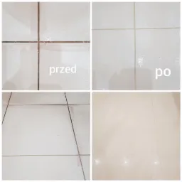 Porównanie płytek podłogowych przed i po czyszczeniu fug, widoczne wyraźne różnice w kolorze i czystości, z napisem 'przed' i 'po' na zdjęciu.