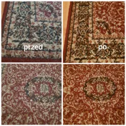 Dywan w odcieniach czerwieni, beżu i brązu, podzielony na cztery fragmenty: dwa górne pokazują zbliżenie krawędzi dywanu z napisem 'przed' i 'po', a dwa dolne przedstawiają fragment wzoru dywanu...