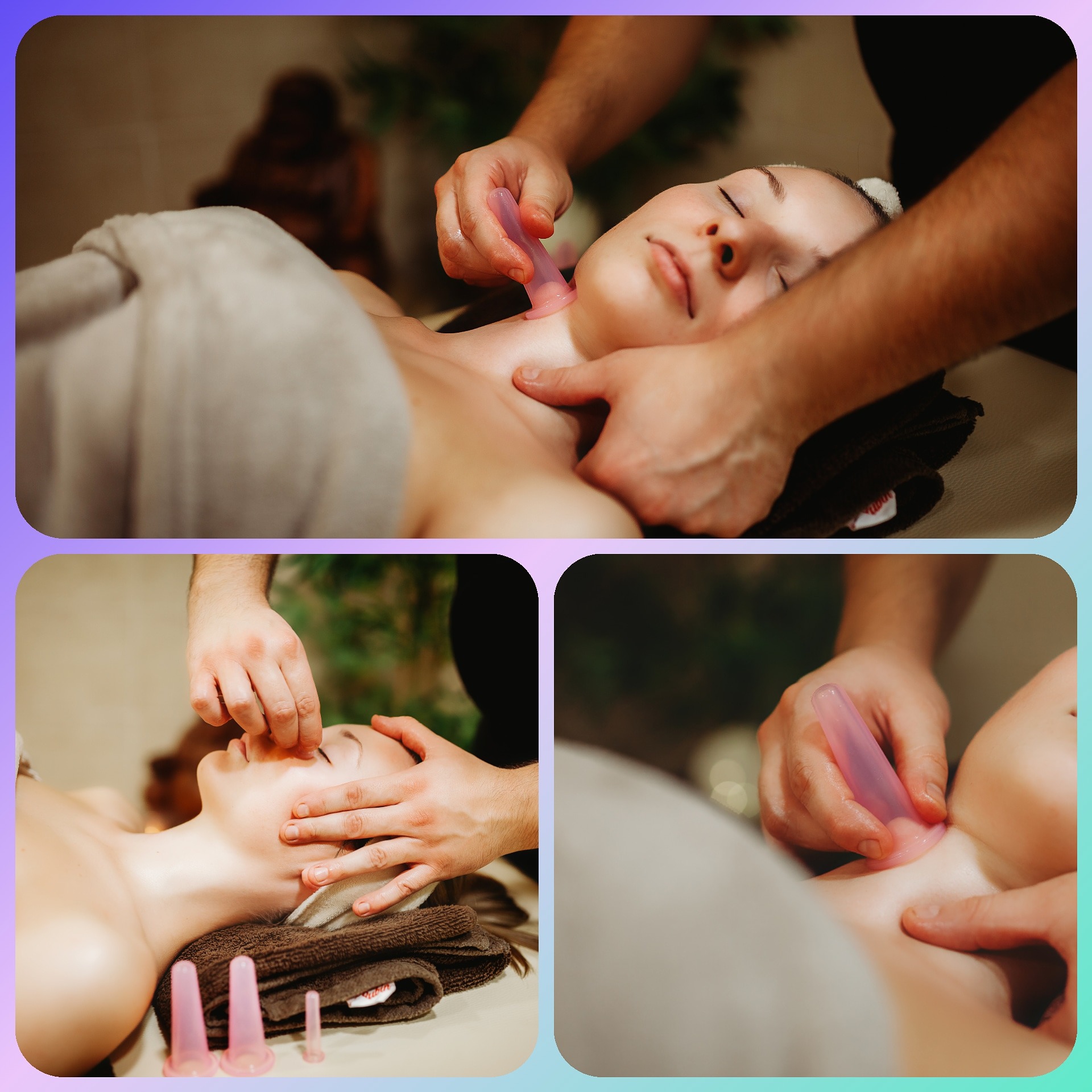 Kobieta leżąca na stole do masażu, poddawana zabiegowi bańkami próżniowymi na szyi i twarzy, wykonywanemu przez masażystę. Na stole leżą różnej wielkości silikonowe bańki.