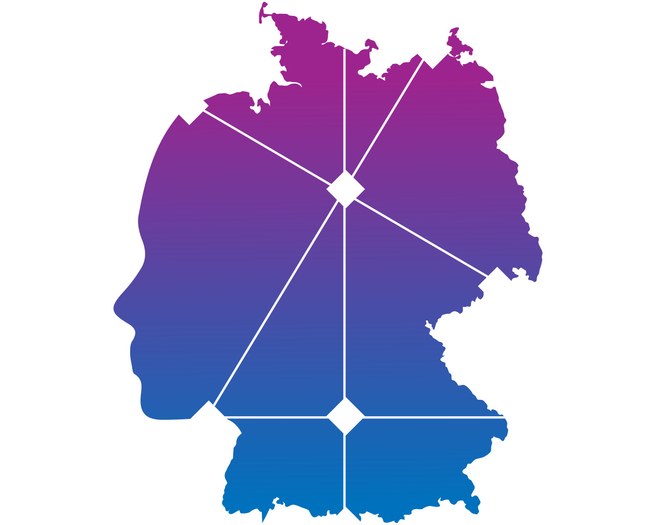 Stylizowana grafika przedstawiająca profil głowy wpisany w kontur mapy Niemiec, gradient fioletowo-niebieski, połączone białymi liniami i rombami.