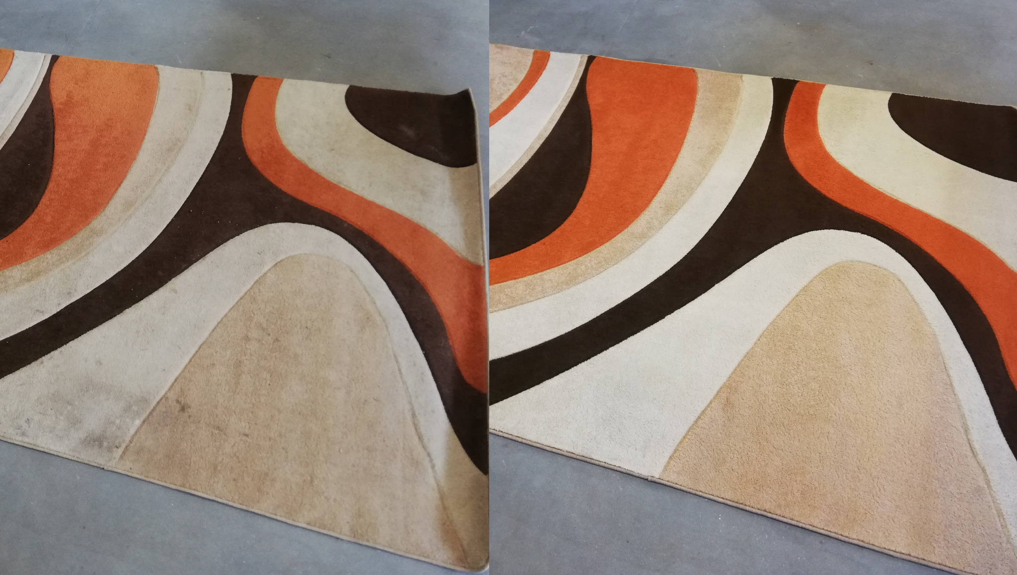 Po lewej stronie widać w jakim stanie był dywan gdy trafił w moje ręce, natomiast z prawej gdy został już wyprany.